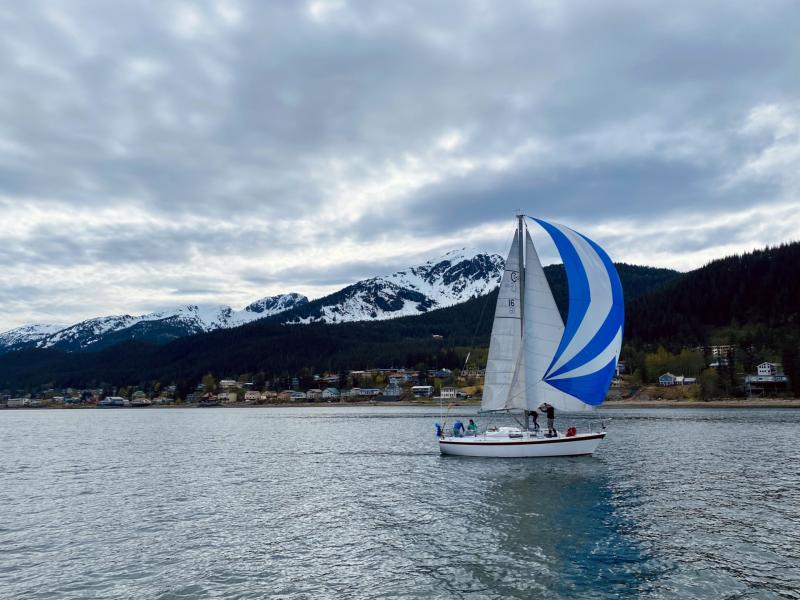 The S/V Surprise sailing with a blue and white spinnaker with the town of Douglas and Mt. Jumbo in the background